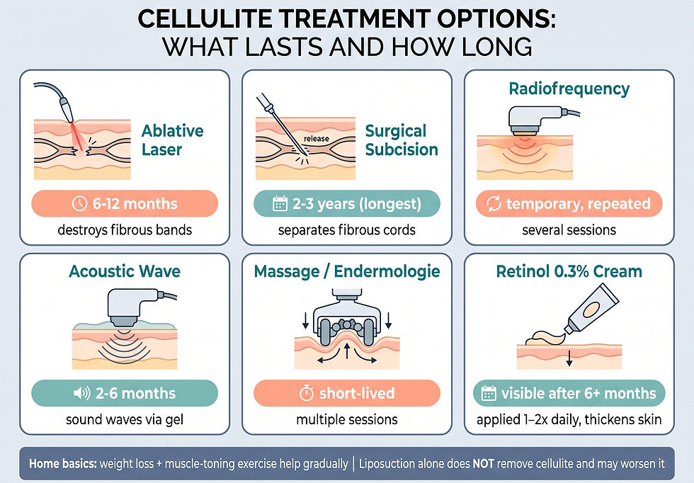 Comparison of six cellulite treatment options with how long results last: ablative laser 6-12 months, surgical subcision 2-3 years, radiofrequency, acoustic wave, massage, and 0.3% retinol cream
