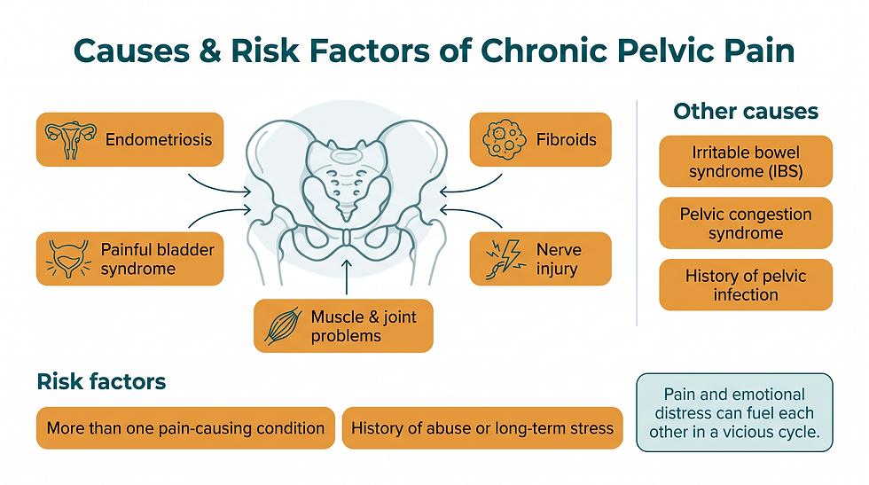 The many conditions that can contribute to chronic pelvic pain, and the risk factors that raise the odds.