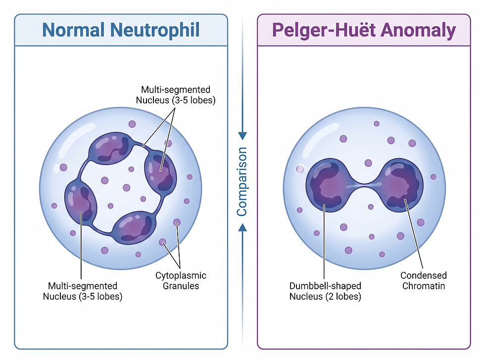 Medical infographic comparing a normal neutrophil with a multi-segmented nucleus to a Pelger-Huët neutrophil with a dumbbell-shaped nucleus