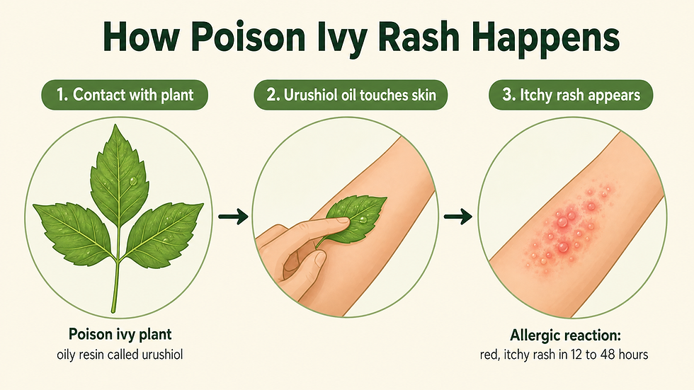 Three-step diagram showing how poison ivy rash happens: contact with the plant, urushiol oil touching skin, then a red itchy rash appearing in 12 to 48 hours