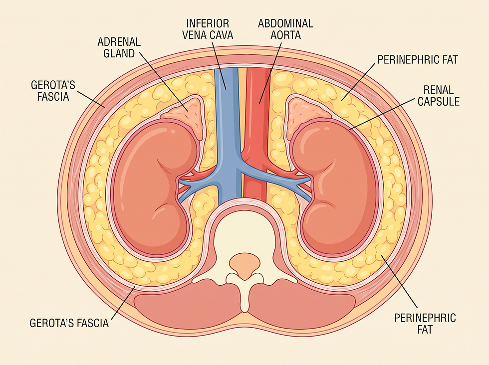 Cross-section anatomy of Gerota’s fascia surrounding the kidneys, adrenal glands, perinephric fat, renal capsule, aorta, and vena cava.