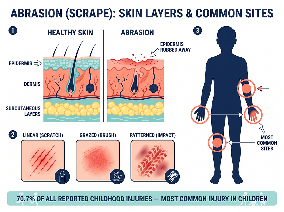 Overview of an abrasion: healthy skin vs. scraped skin cross-section, the three abrasion types, and the most common body sites