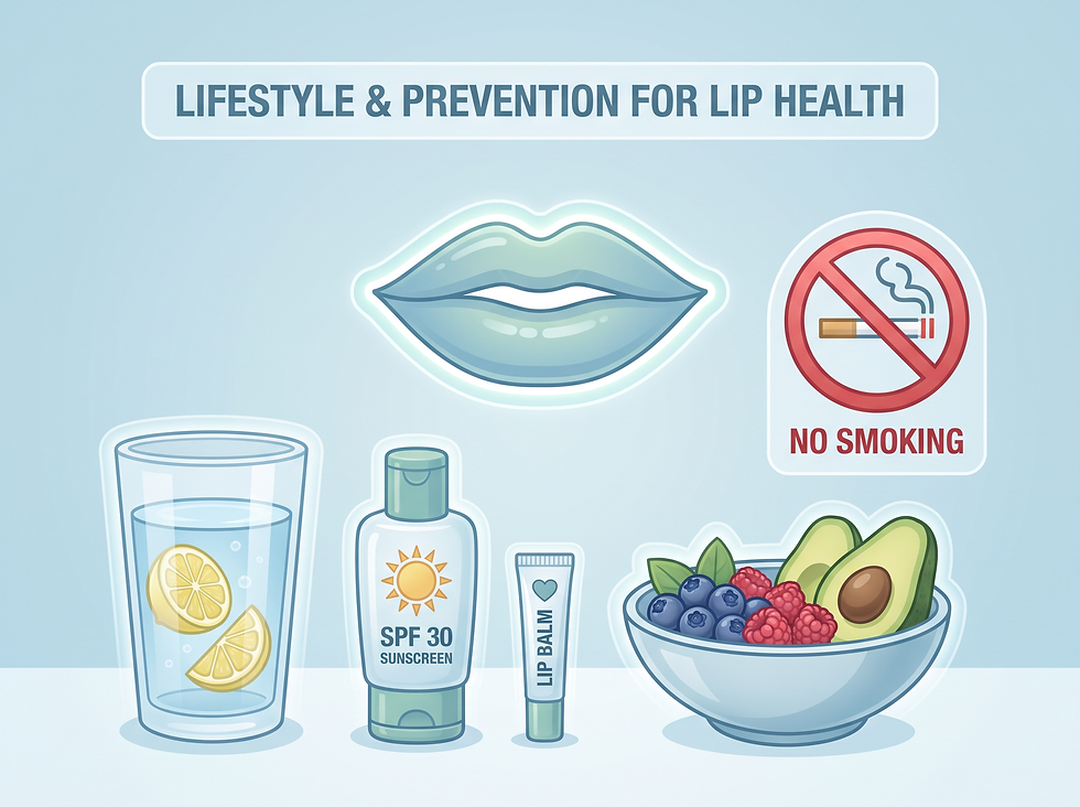 Lifestyle and prevention steps for lip health: hydration, SPF, lip balm, nutrition and no smoking