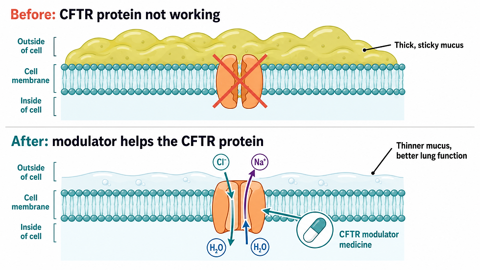 Before-and-after infographic showing a cell membrane with a blocked CFTR channel protein covered in thick sticky mucus, then an open channel after a CFTR modulator medicine allows salt and water to move through, producing thinner mucus and better lung function.