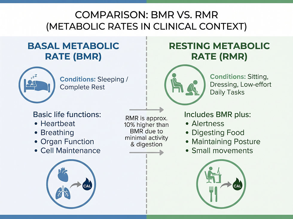 A comparative diagram illustrating the difference between Basal Metabolic Rate and Resting Metabolic Rate, showing how RMR includes additional low-energy daily activities.