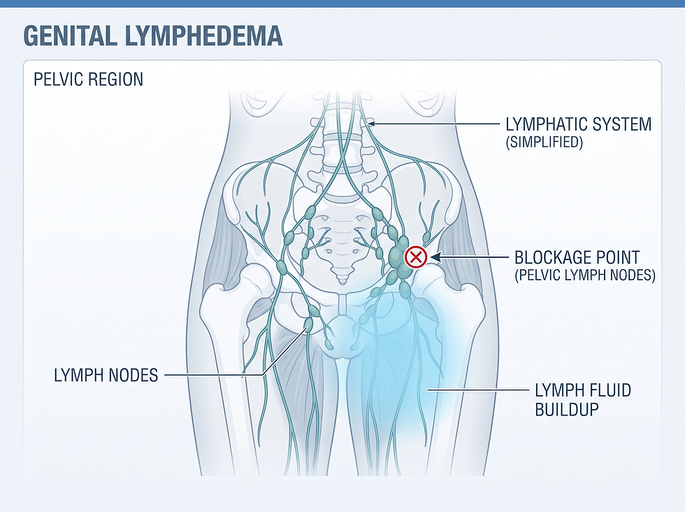 Genital lymphedema overview infographic showing a lymphatic blockage point in the pelvic region.