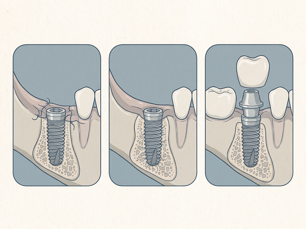 Three-stage illustration of dental implant treatment: implant placed and sutured, bone integrating with the implant, and abutment and crown attached
