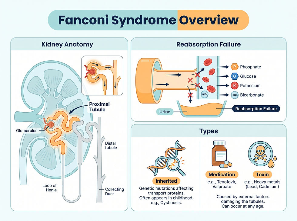 What Fanconi Syndrome is — kidney tubule anatomy, reabsorption failure mechanism, and inherited vs acquired types
