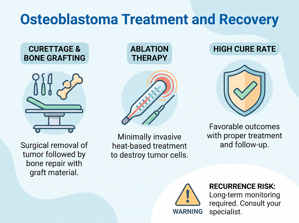 Osteoblastoma treatment and recovery infographic showing curettage and bone grafting, ablation therapy and a high cure rate