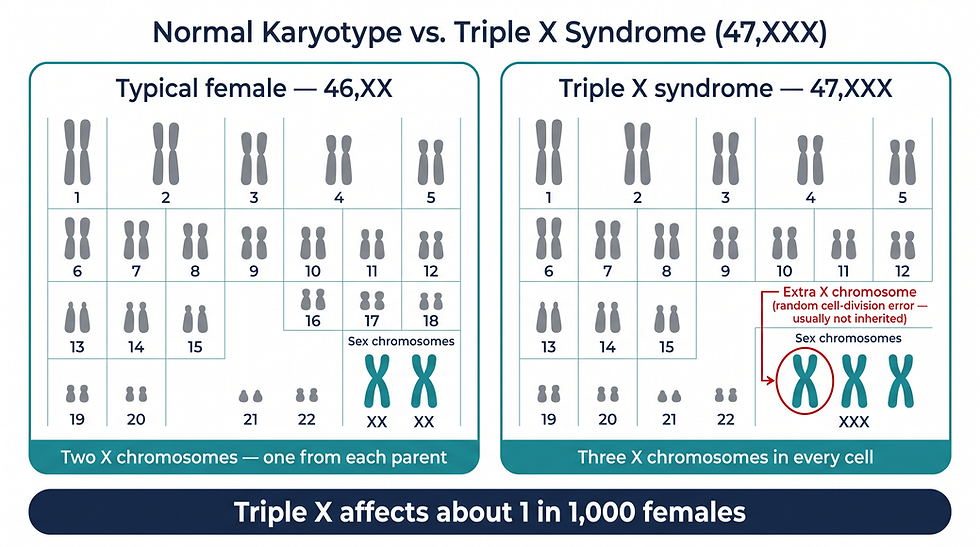Side-by-side karyotype comparison: a typical 46,XX female karyotype with two X chromosomes versus a 47,XXX karyotype with three X chromosomes, with the extra X highlighted in red