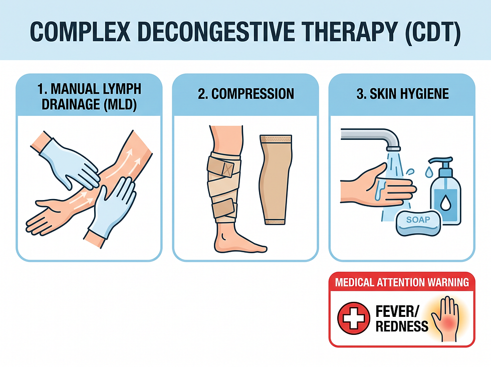 Complex decongestive therapy for lymphedema: manual lymph drainage, compression, and skin hygiene, with a fever and redness warning.