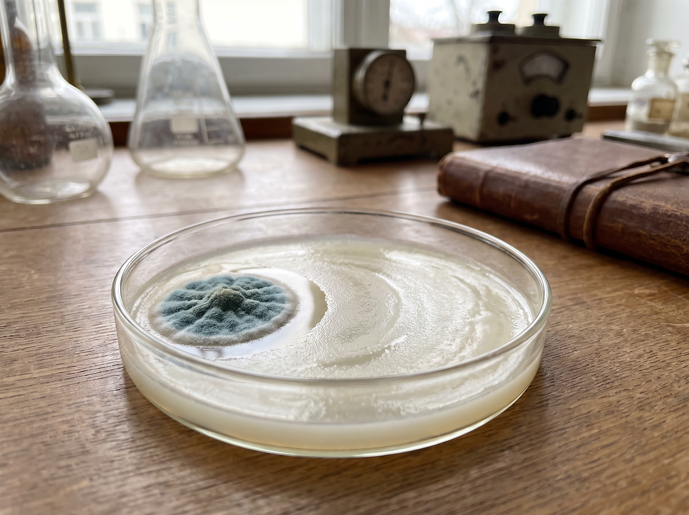 Petri dish with Penicillium mold on a laboratory bench, an homage to Alexander Fleming's discovery of penicillin