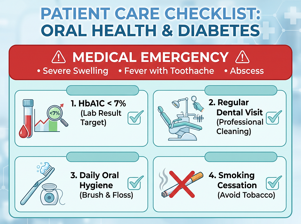 Patient care checklist for oral health and diabetes: HbA1C under 7 percent, regular dental visits, daily hygiene, and smoking cessation