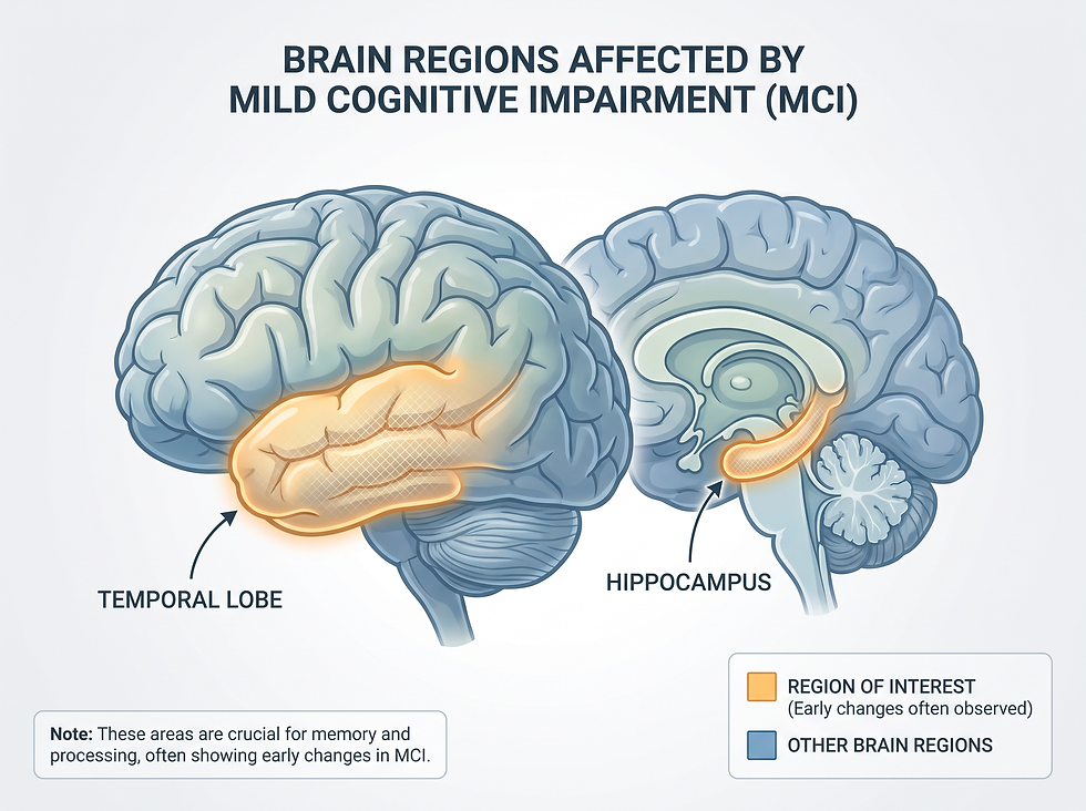 Diagram of the brain regions affected by mild cognitive impairment, including the temporal lobe and hippocampus
