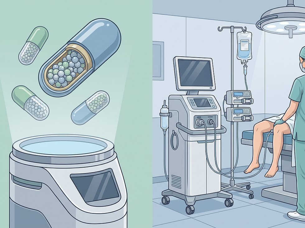 A professional medical illustration showing various clinical delivery methods for microbiota restoration, including specialized oral capsules and a sterile administration setup.