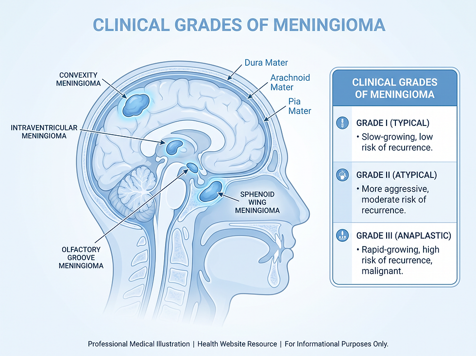 Sagittal illustration of the brain showing convexity, intraventricular, olfactory groove, and sphenoid wing meningiomas next to a panel describing Grade I typical, Grade II atypical, and Grade III anaplastic meningioma.