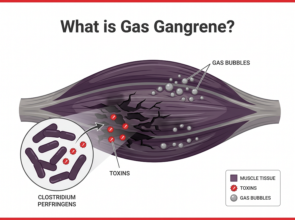 What is gas gangrene? Infographic showing Clostridium perfringens bacteria releasing toxins and gas bubbles that destroy muscle tissue