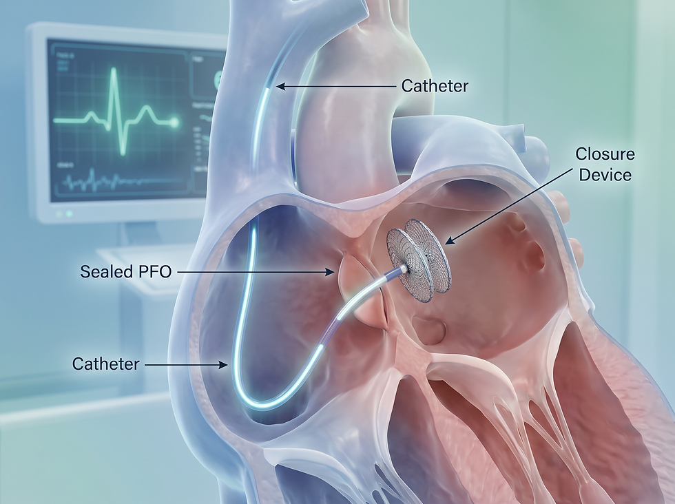A professional medical visual of a PFO closure procedure, showing a thin catheter threaded through a vein into the heart's atria and a small double-disc closure device deployed to seal the patent foramen ovale.