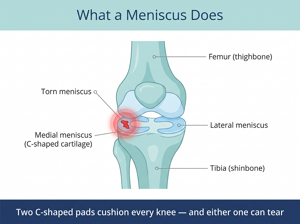 Torn meniscus anatomy: C-shaped cartilage cushions between the thighbone and shinbone with the torn zone highlighted