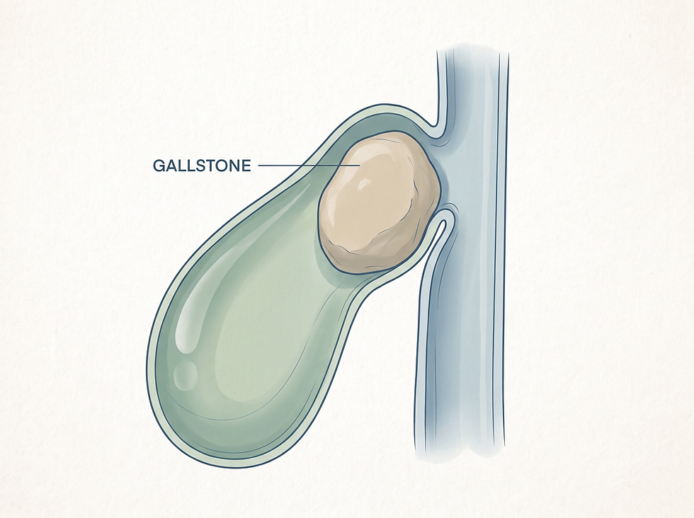 Medical illustration showing a large gallstone lodged in the neck of the gallbladder, physically compressing the adjacent common bile duct.