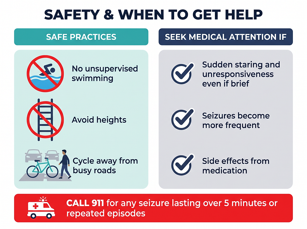 Safety precautions for a child with absence seizures at school, in water, and while cycling