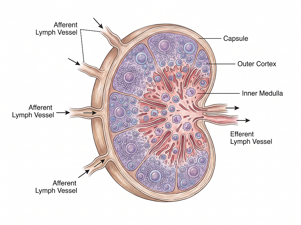 Medical illustration showing the internal anatomy of a lymph node including the capsule, cortex, and medulla