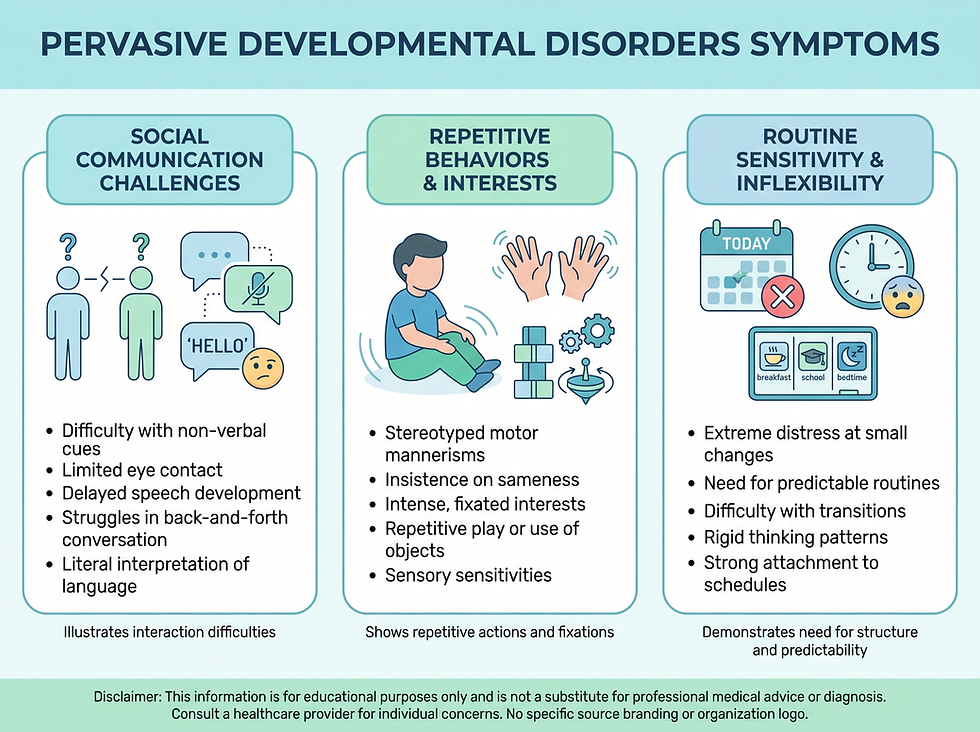 Infographic of pervasive developmental disorder symptoms: social communication challenges, repetitive behaviors and interests, and routine sensitivity and inflexibility