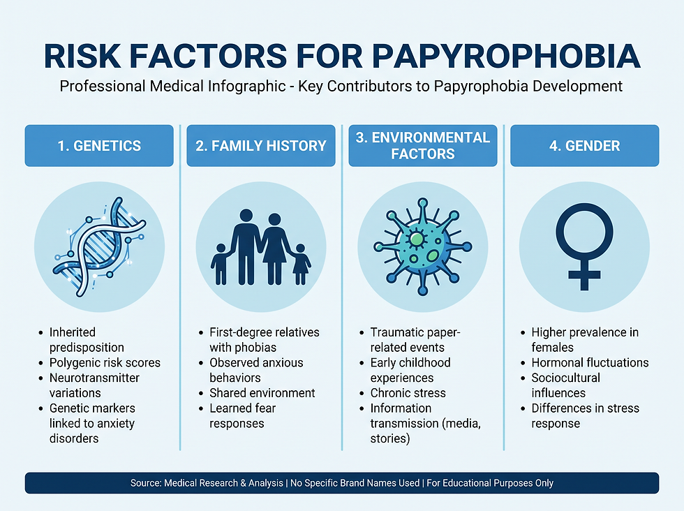 A medical infographic highlighting the risk factors for papyrophobia, including genetics, family history, and environmental triggers, represented by clear icons and labels.
