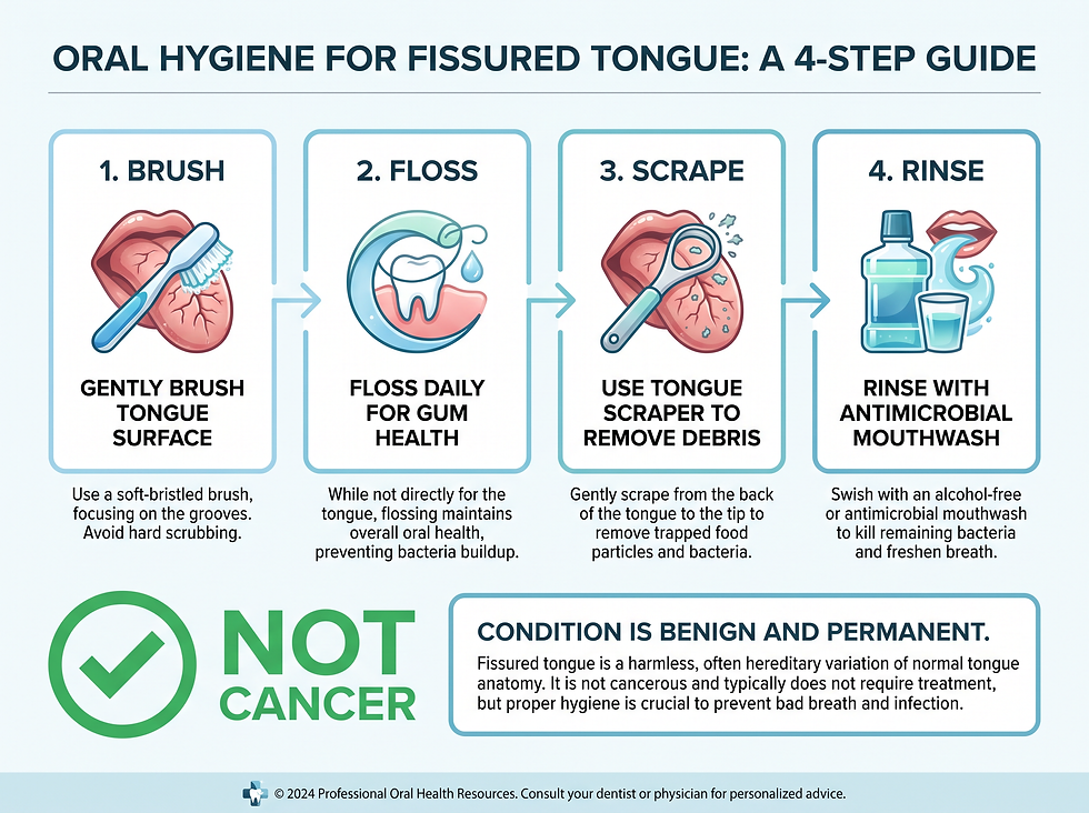 Oral hygiene for fissured tongue: a 4-step guide to brush, floss, scrape and rinse, with a reminder that the condition is benign and not cancer