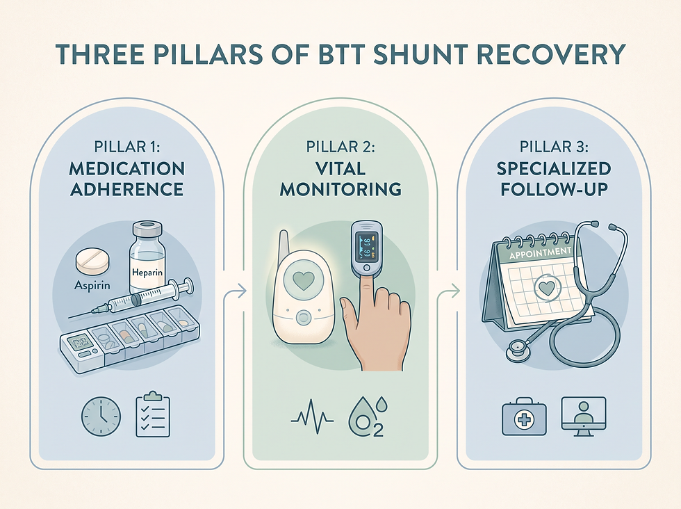 Three pillars of post-surgical recovery after a BTT shunt
