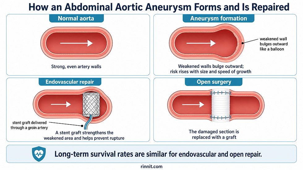 Diagram showing how a normal aorta compares to an aneurysm bulge, plus the two repair methods: endovascular stent repair and open surgery.