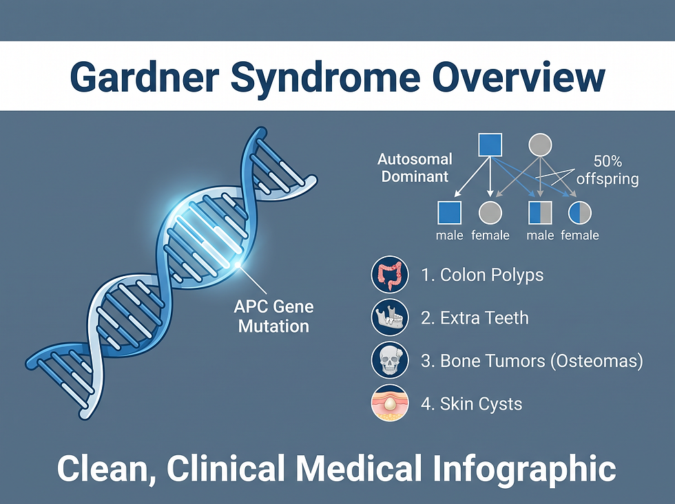 Gardner syndrome overview: genetics and common symptoms infographic.