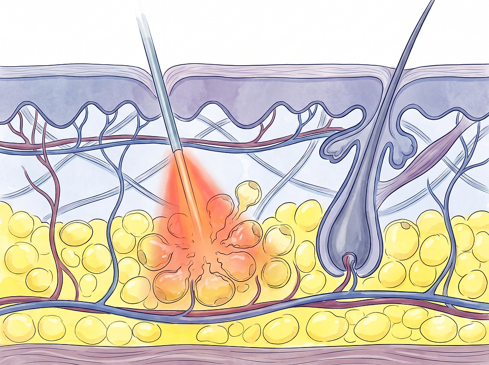 A professional medical illustration showing the mechanism of laser lipolysis, where laser energy targets and melts fat cells beneath the skin.