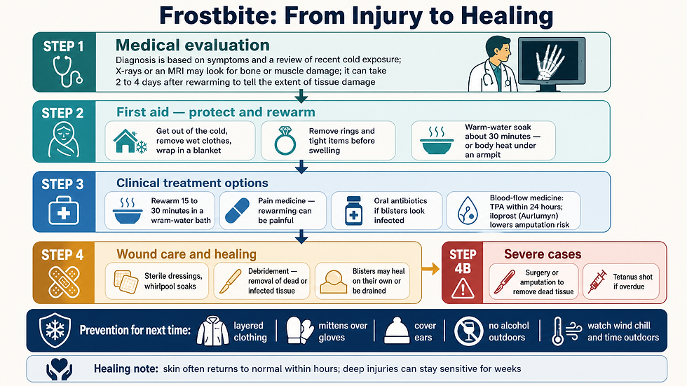 After evaluation, treatment progresses from warm-water rewarming and pain relief to wound care and — in severe cases — blood-flow medications, debridement, or surgery. Prevention habits for future cold exposure are part of the recovery plan.