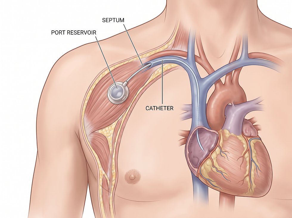 Anatomical illustration of an implanted port system showing the port reservoir, septum, and catheter running into a central vein toward the heart