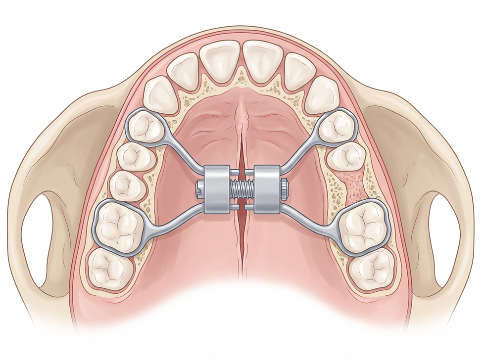 Palate expander fitted in the upper jaw with a central expansion screw widening the mid-palatal suture