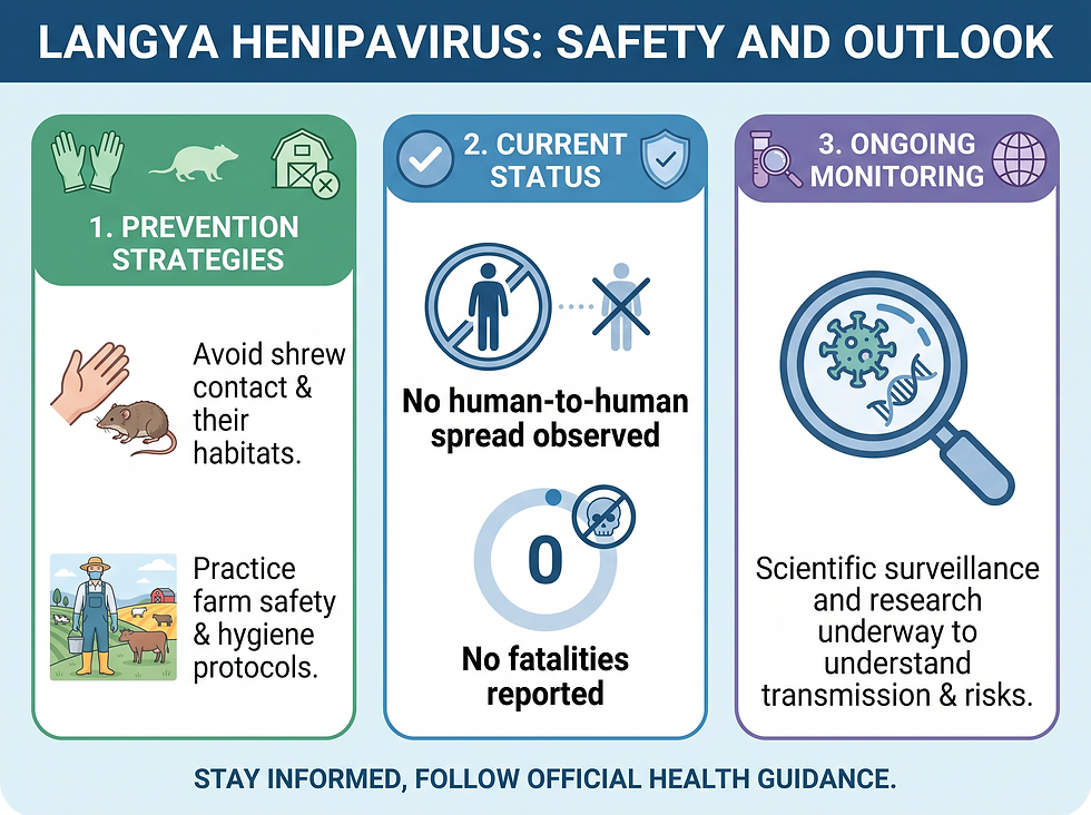 An infographic highlighting prevention strategies, the lack of human-to-human spread, and the ongoing scientific monitoring of the virus.