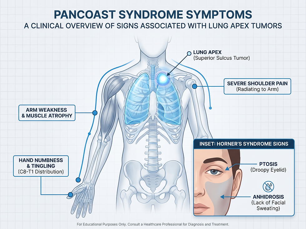 A medical infographic illustrating Pancoast syndrome symptoms, including severe shoulder pain, arm weakness, and the signs of Horner’s syndrome such as a droopy eyelid and lack of facial sweating.