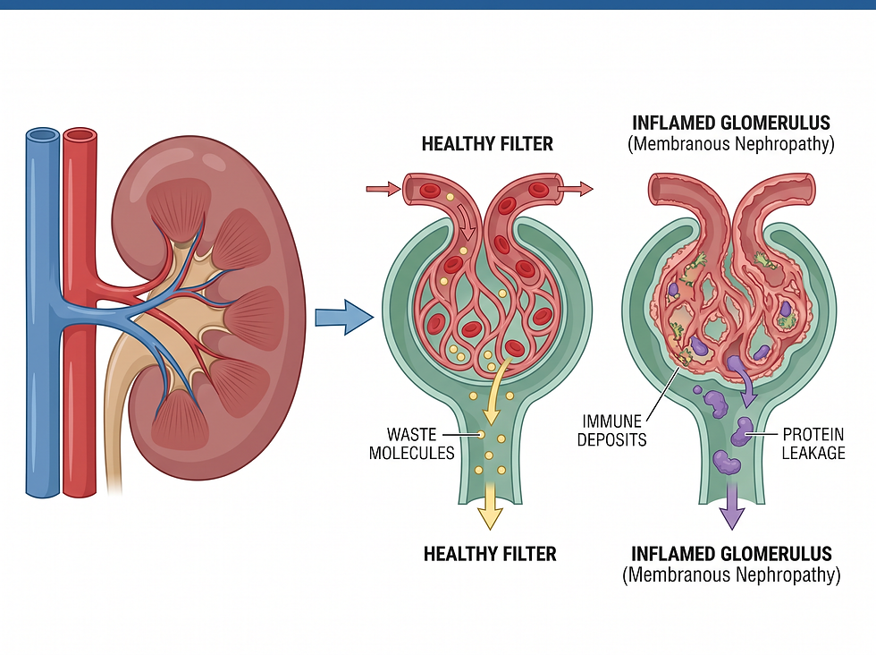 Diagram of a kidney with a magnified healthy glomerulus filtering waste molecules beside an inflamed glomerulus in membranous nephropathy, showing immune deposits and protein leakage.