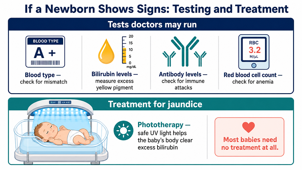 Infographic of newborn testing and phototherapy treatment for ABO incompatibility signs