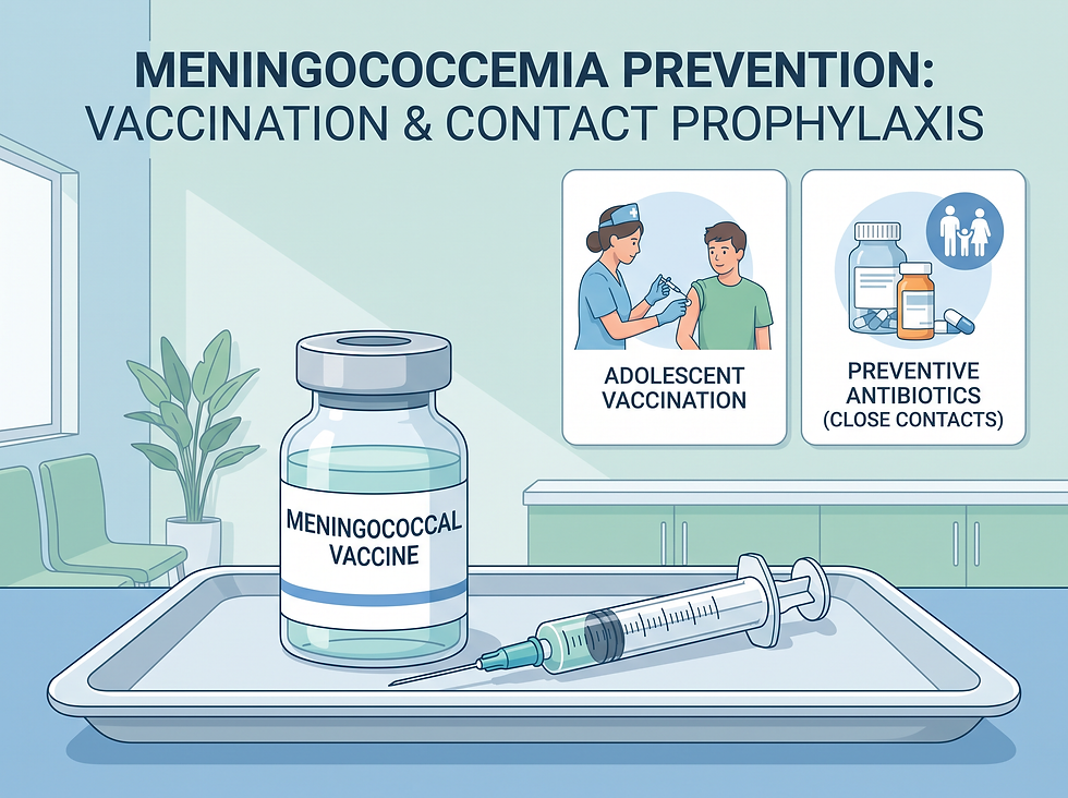 Illustration of meningococcemia prevention showing a meningococcal vaccine vial and syringe, adolescent vaccination, and preventive antibiotics for close contacts.