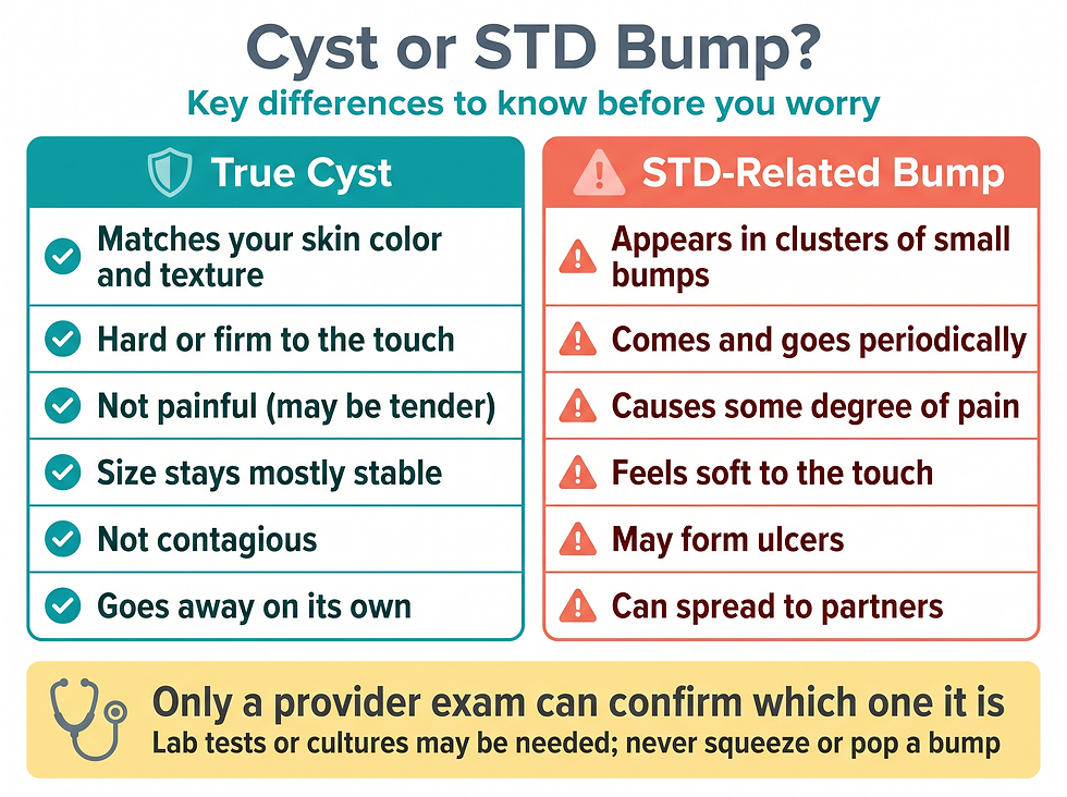 How to tell a penile cyst apart from an STD bump: color, firmness, pain, clustering, ulcers and contagiousness compared side by side