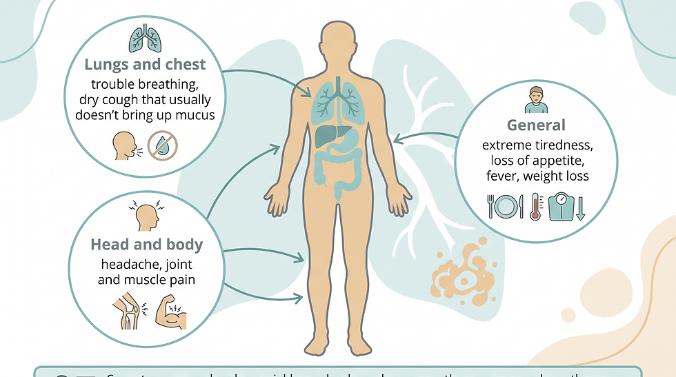 Body diagram showing common pneumonitis symptoms