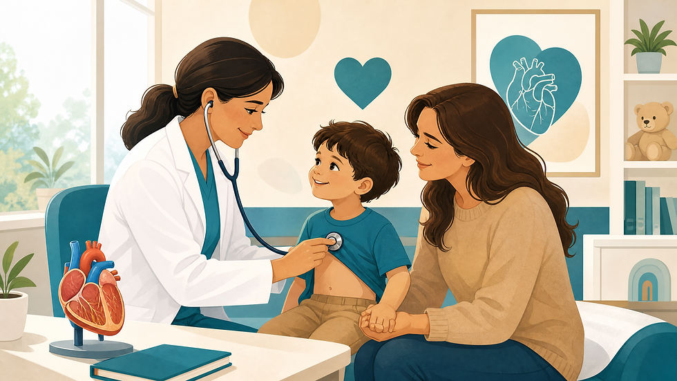 A pediatric cardiologist gently examining a smiling young child with a stethoscope while the child's parent sits close by, holding the child's hand, in a bright pediatric cardiology clinic with a small anatomical heart model on the desk. Image: rinnit.com