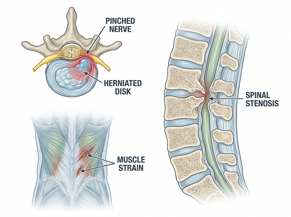 A detailed medical illustration showing common causes of lower back pain, including a herniated disk, muscle strain, and spinal stenosis, with clear anatomical callouts.