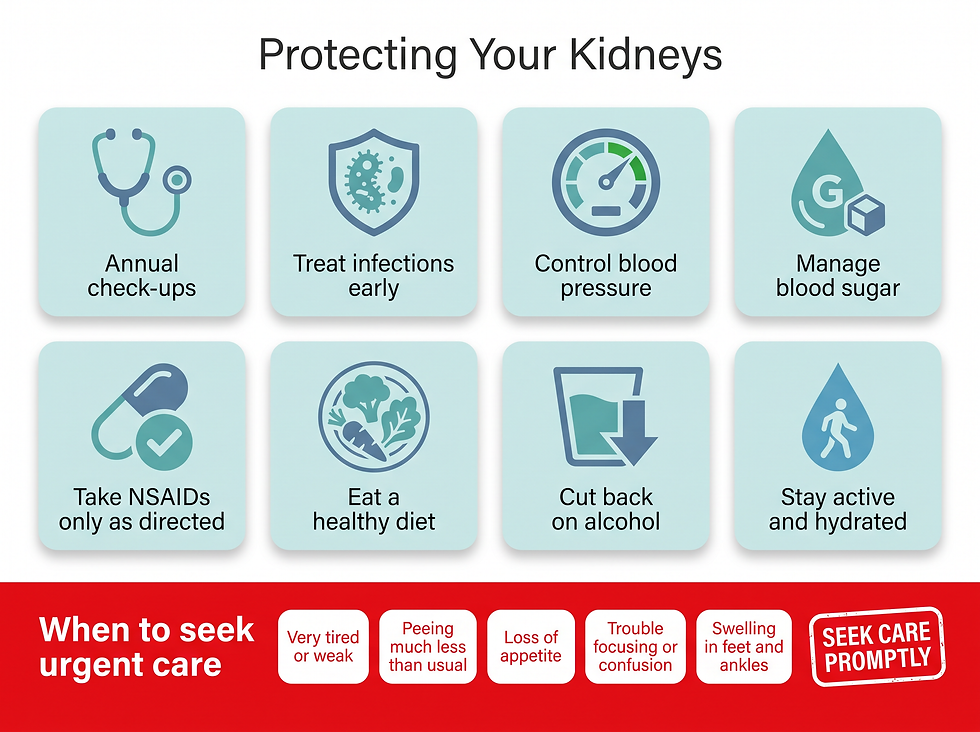 Protecting Your Kidneys prevention grid with eight practice cards, plus a red when-to-seek-urgent-care banner with five warning signs