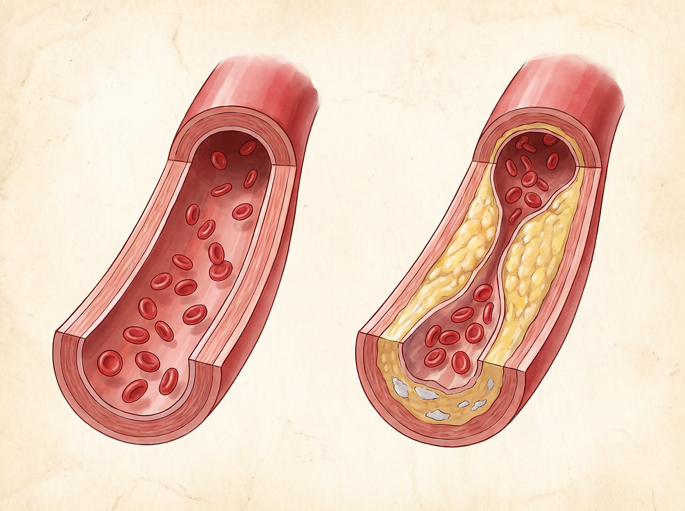 Cross-section of a healthy coronary artery beside an artery narrowed by plaque buildup (atherosclerosis)