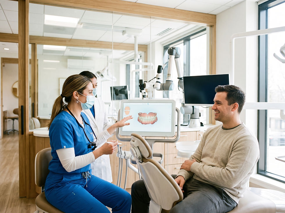 A dentist consulting with a patient about dental restoration options