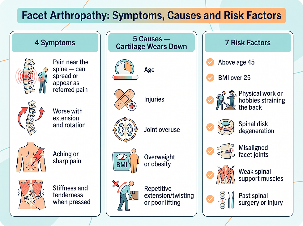 Facet arthropathy symptoms and causes — the four symptoms, five causes, and seven risk factors