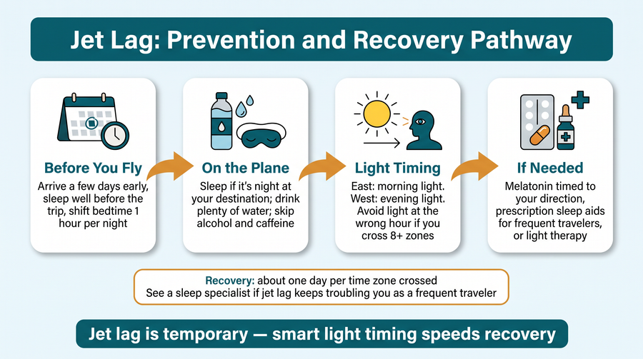 Jet lag prevention and recovery pathway — before the flight, on the plane, light timing, and treatment